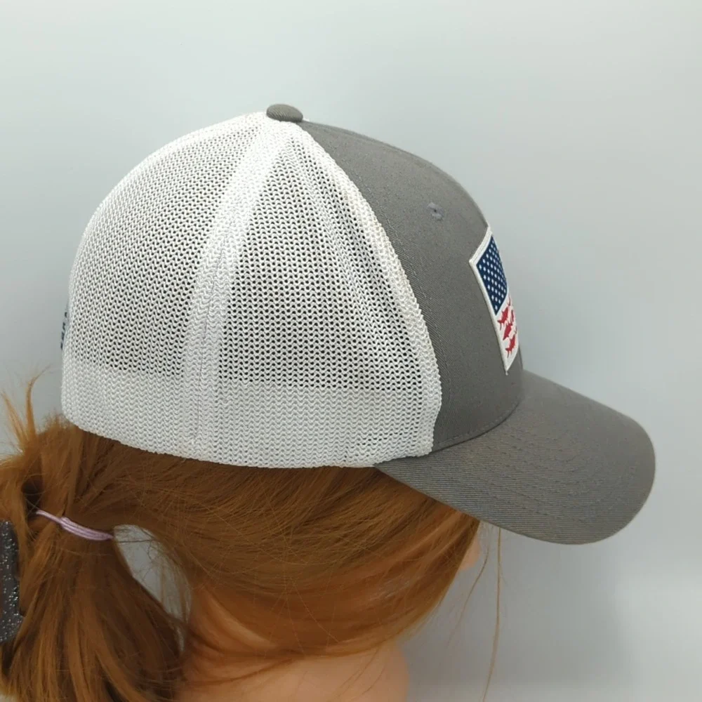 Columbia PFG Fish USA Flag Fitted Flexfit Mesh Back Cap Hat One Size Gray
